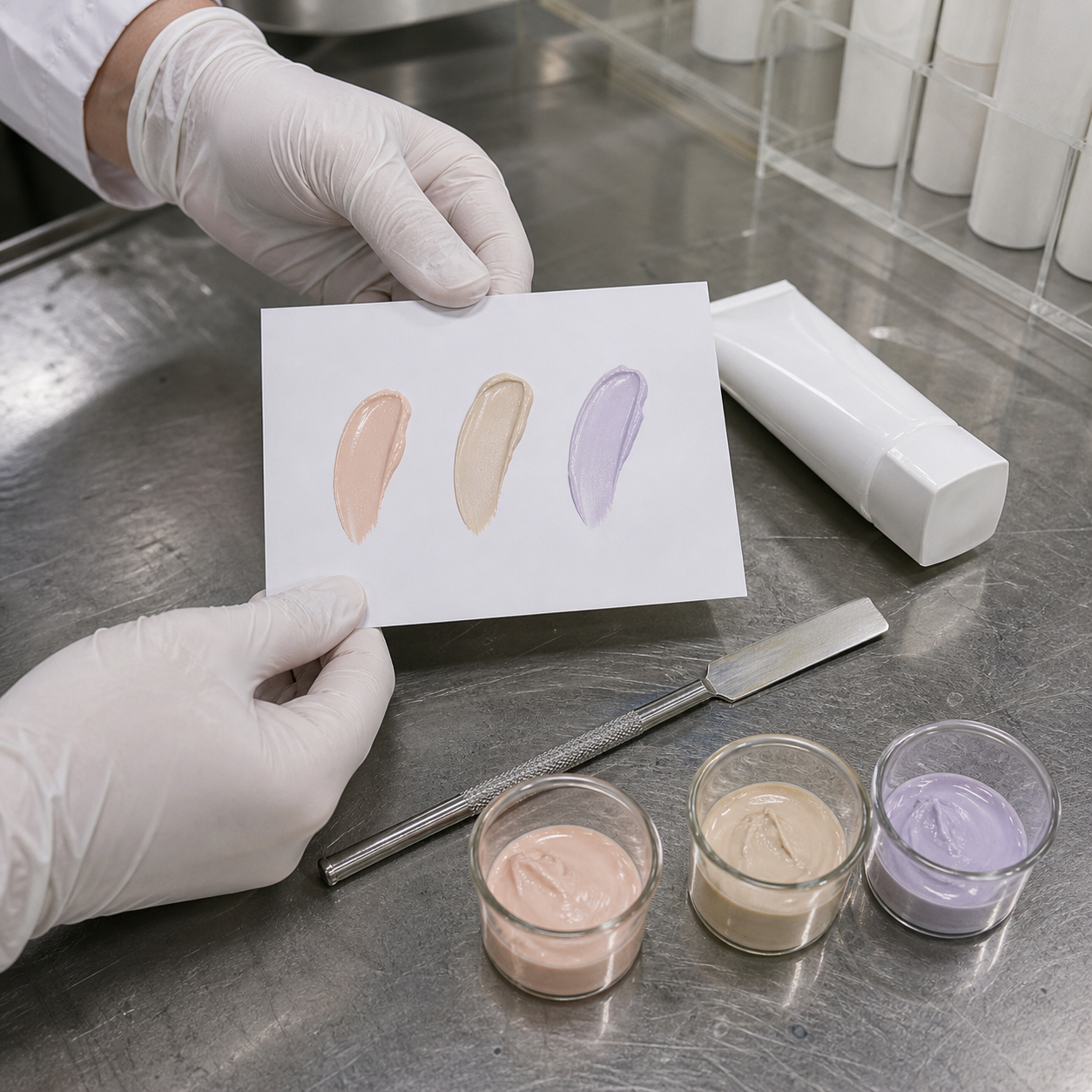 Gloved QC review of tone-adjusting cream undertone swatches and blank airless packaging