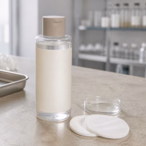 Unbranded clear soft-wipe essence lotion bottle with cotton pads on a cosmetics sample table