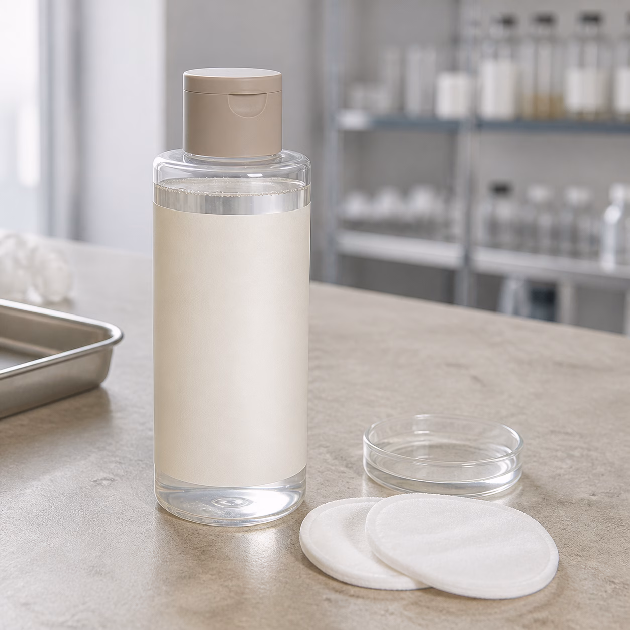 Unbranded clear soft-wipe essence lotion bottle with cotton pads on a cosmetics sample table