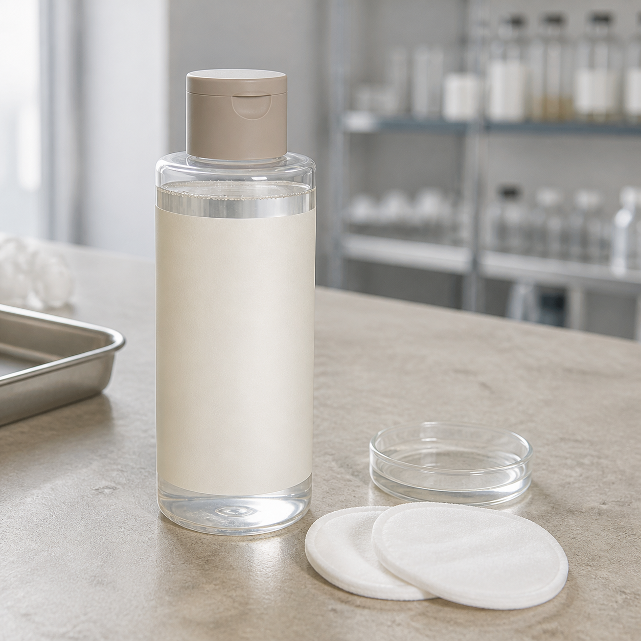 Unbranded clear soft-wipe essence lotion bottle with cotton pads on a cosmetics sample table