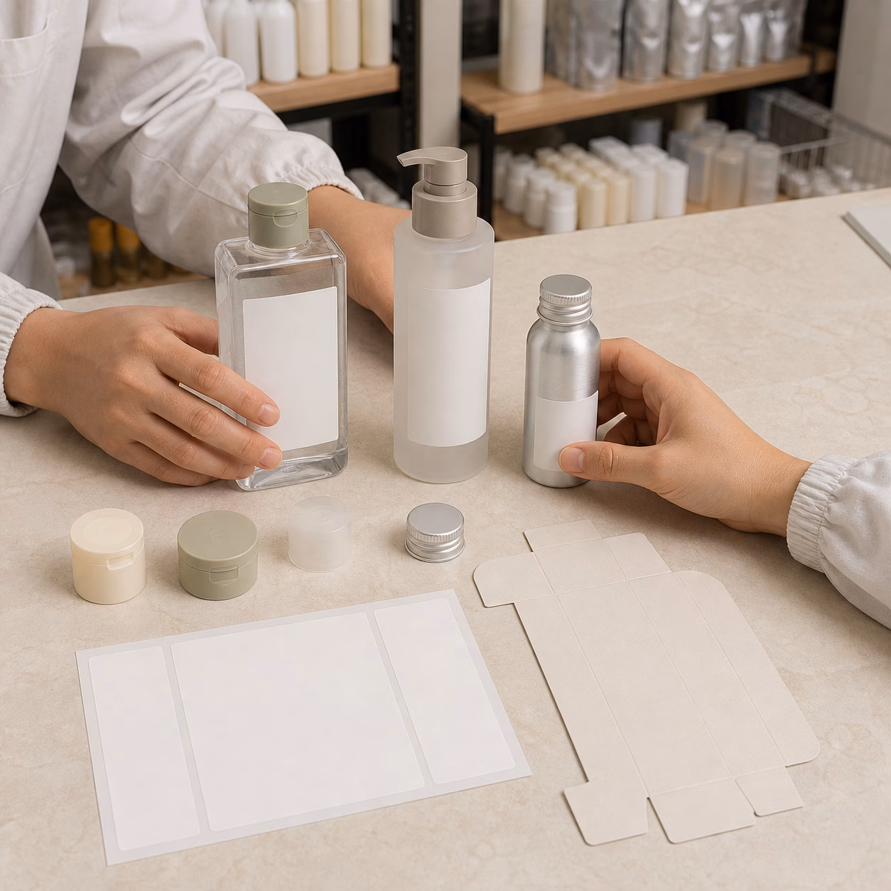 Packaging team compares blank bottle closure label and carton options for a private label essence lotion