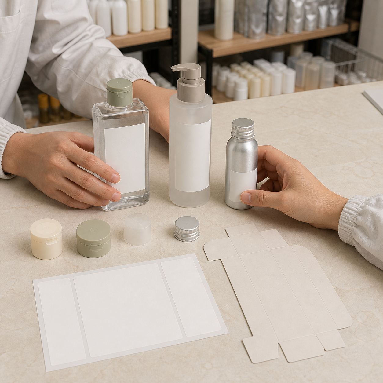 Packaging team compares blank bottle closure label and carton options for a private label essence lotion