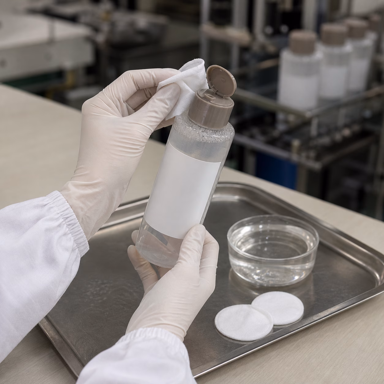 Gloved cosmetics QC technician checks an unbranded essence lotion flip-top closure for leakage