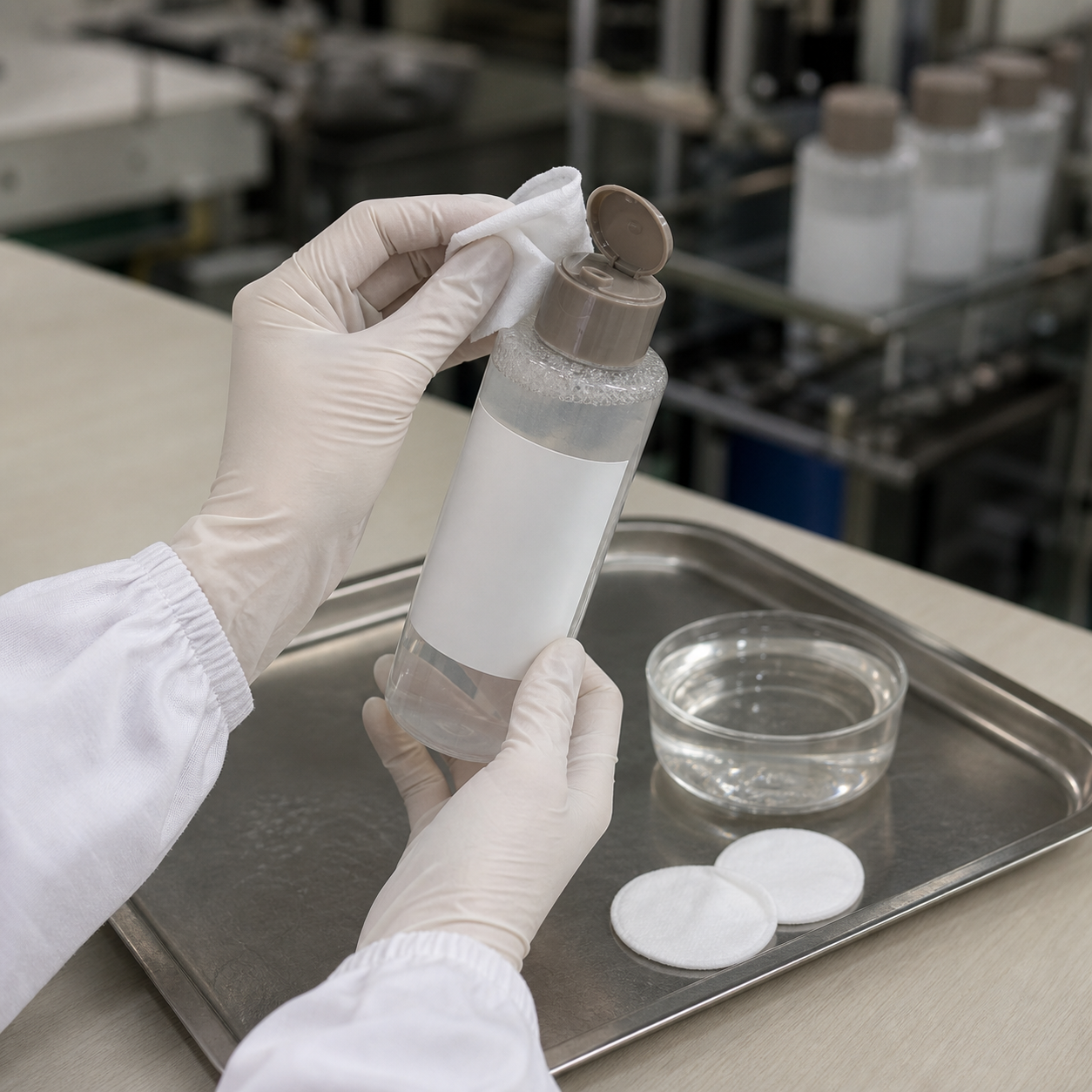 Gloved cosmetics QC technician checks an unbranded essence lotion flip-top closure for leakage