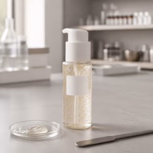 Unbranded water-break capsule gel toner pump sample and texture dish on a cosmetics formulation table