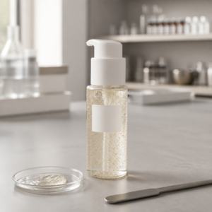 Unbranded water-break capsule gel toner pump sample and texture dish on a cosmetics formulation table