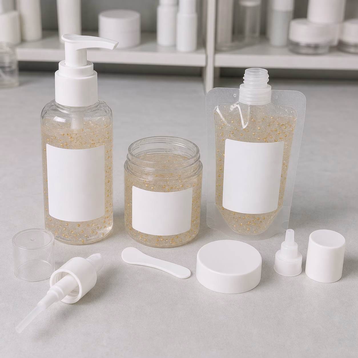 Blank wide-channel pump jar and refill sample options for capsule gel toner packaging review