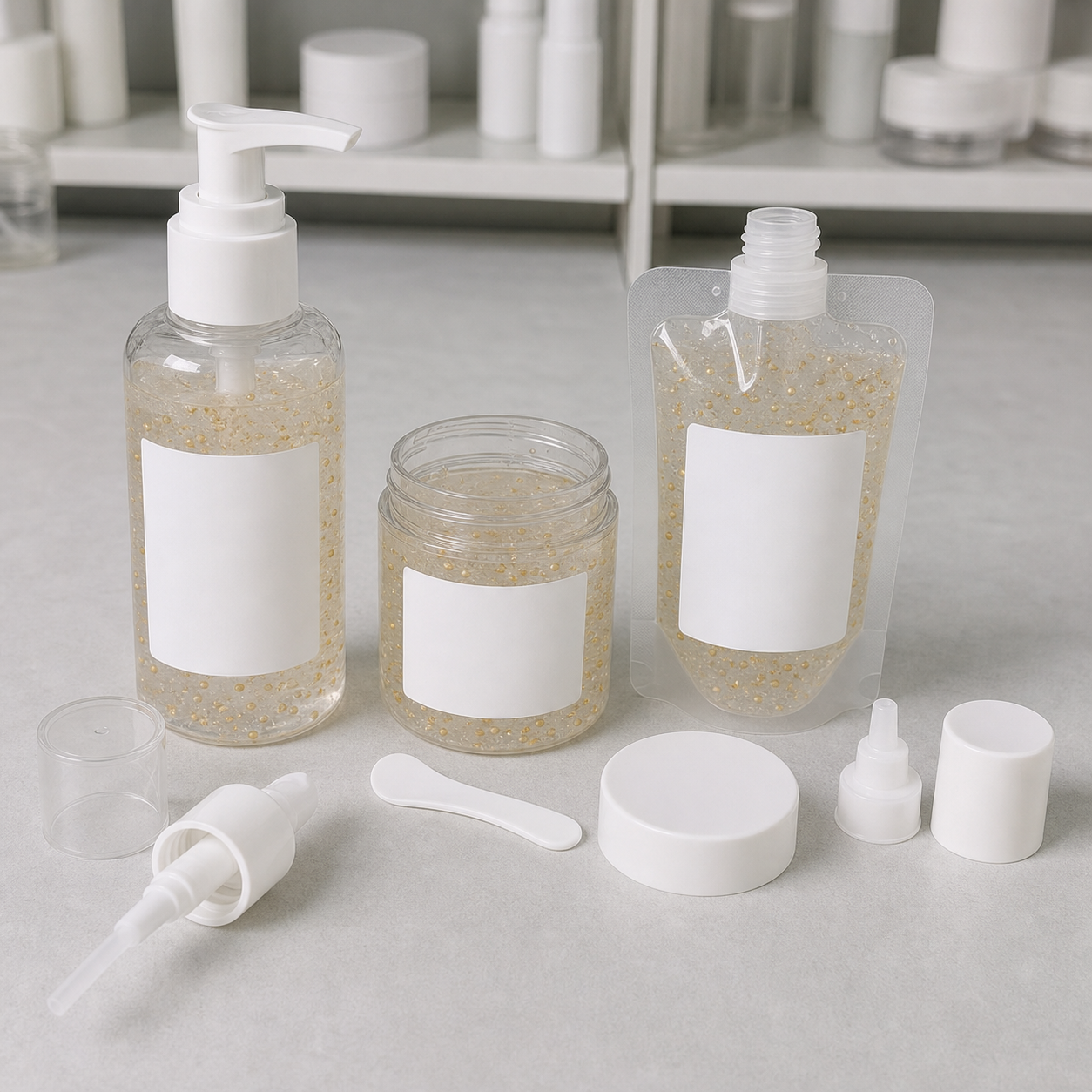Blank wide-channel pump jar and refill sample options for capsule gel toner packaging review