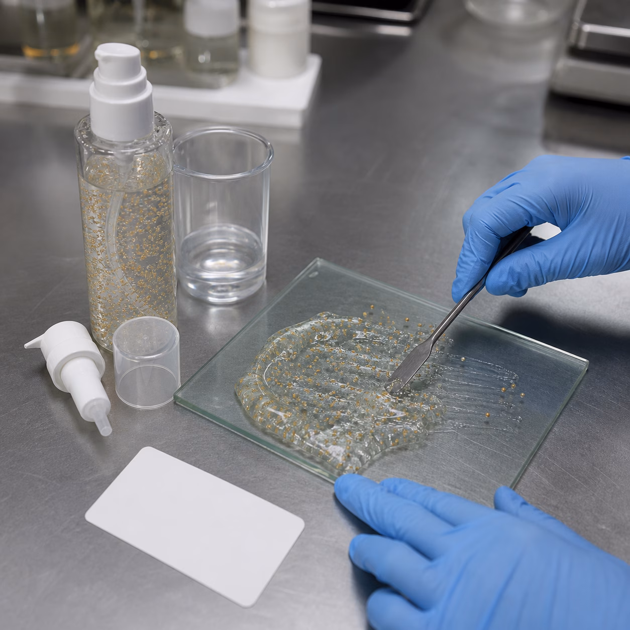 Gloved cosmetics technician reviewing capsule gel suspension spread and pump components at a sample QC bench