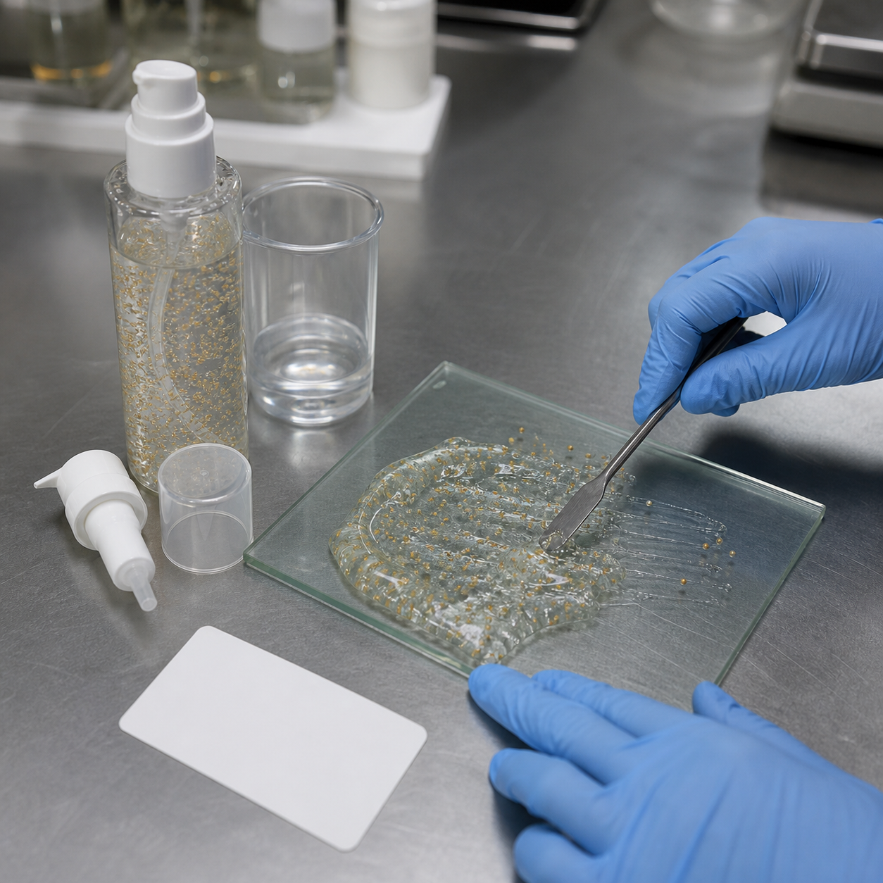 Gloved cosmetics technician reviewing capsule gel suspension spread and pump components at a sample QC bench