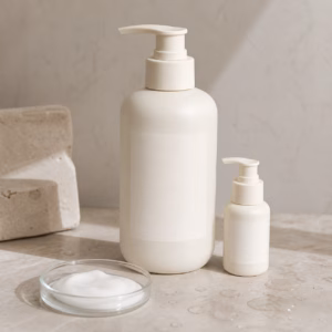 Unbranded wet-or-dry skin body milk pump bottle, travel pump and lightweight emulsion texture on a neutral cosmetic sample table