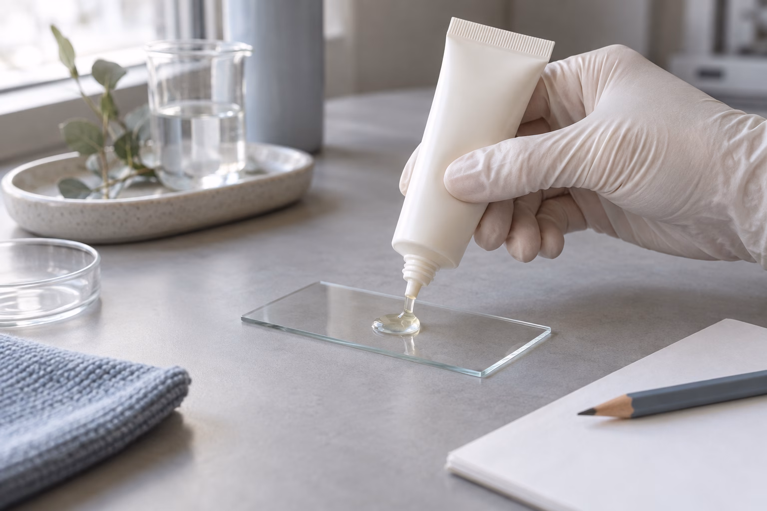 AI development illustration of one gloved hand squeezing a blank tube and placing a small clear balm bead onto a glass slide