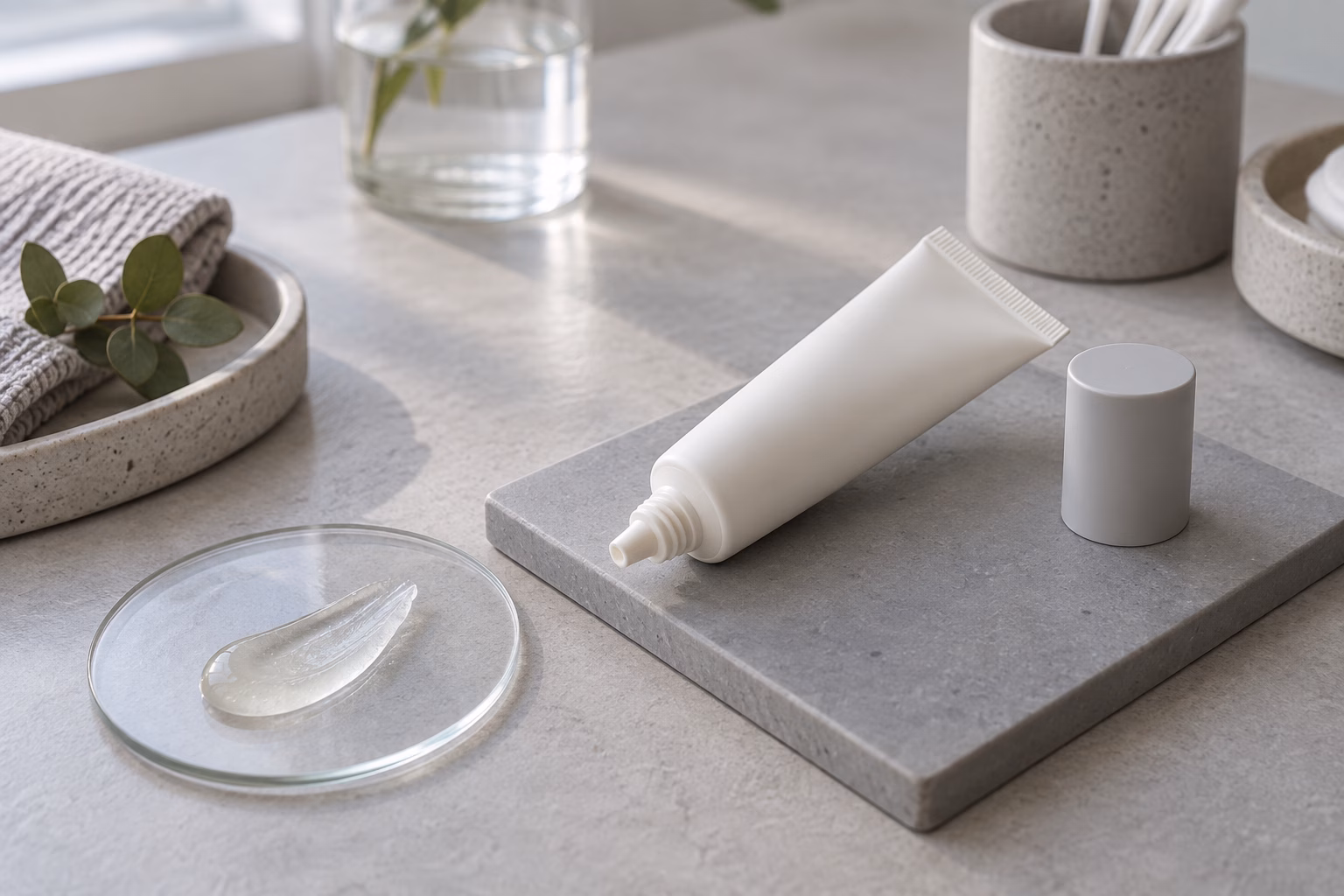 AI development illustration of a blank lip serum squeeze tube, separate gray cap and a clear balm smear on a glass dish