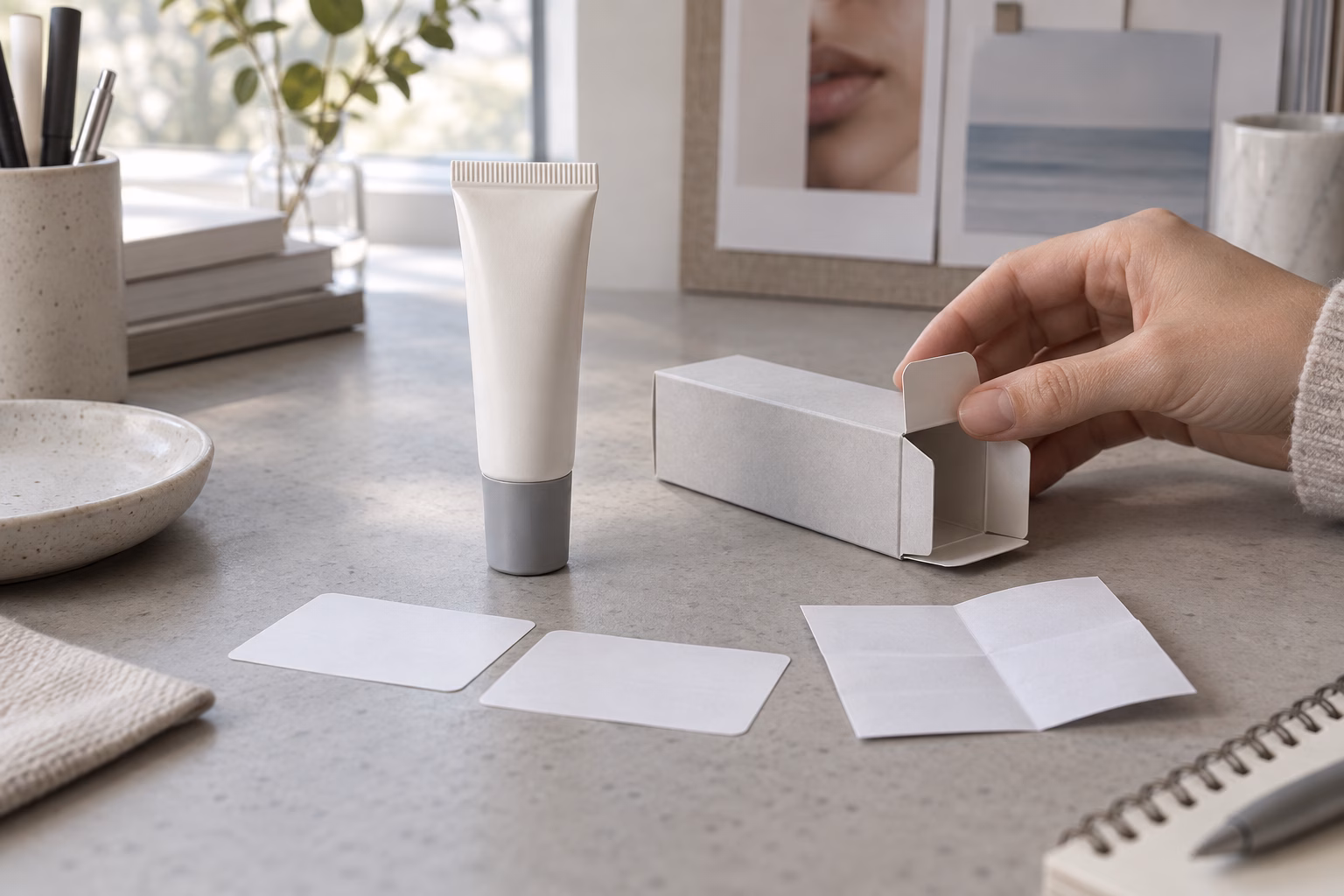 AI development illustration of a blank lip serum tube, empty folding carton held by a hand, blank label cards and folded paper
