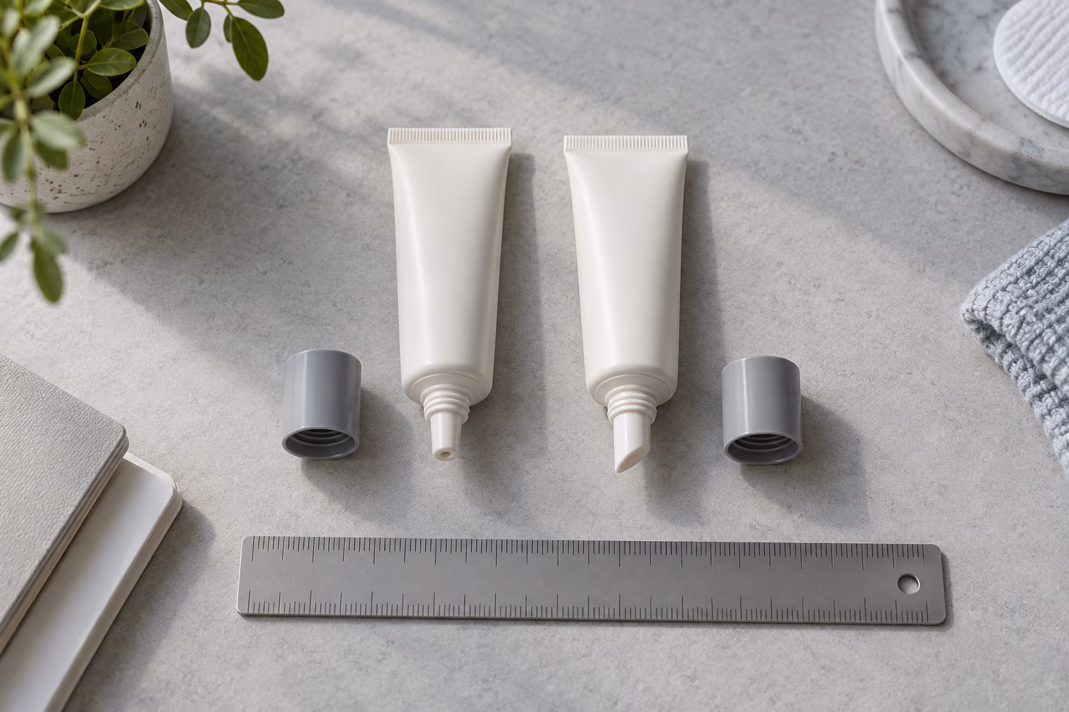 AI development illustration of two separate blank squeeze tubes with round and slanted tips, gray caps and a ruler without numbers