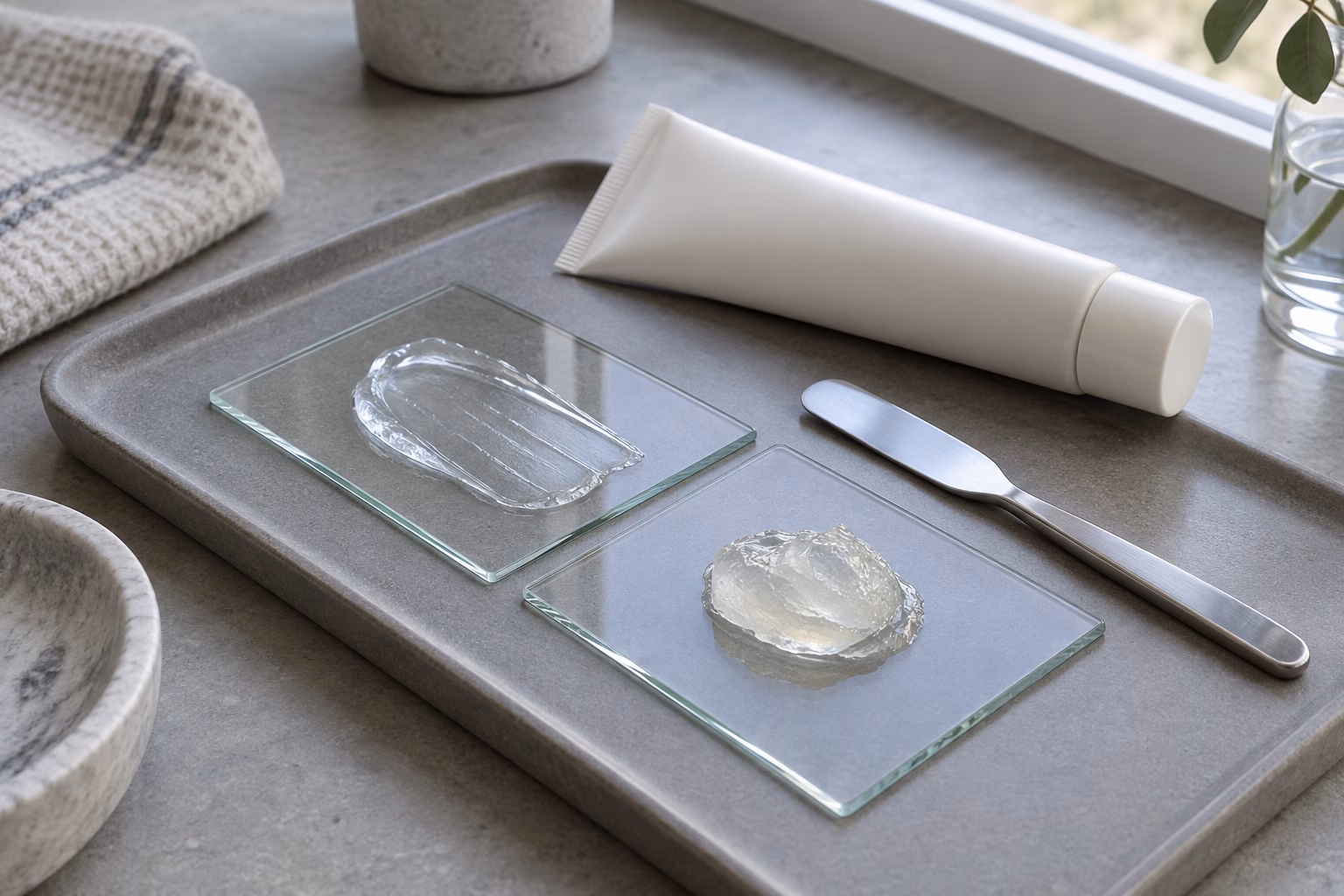 AI development illustration of a thin clear balm smear and a thicker translucent sample on glass slides beside a blank tube and spatula