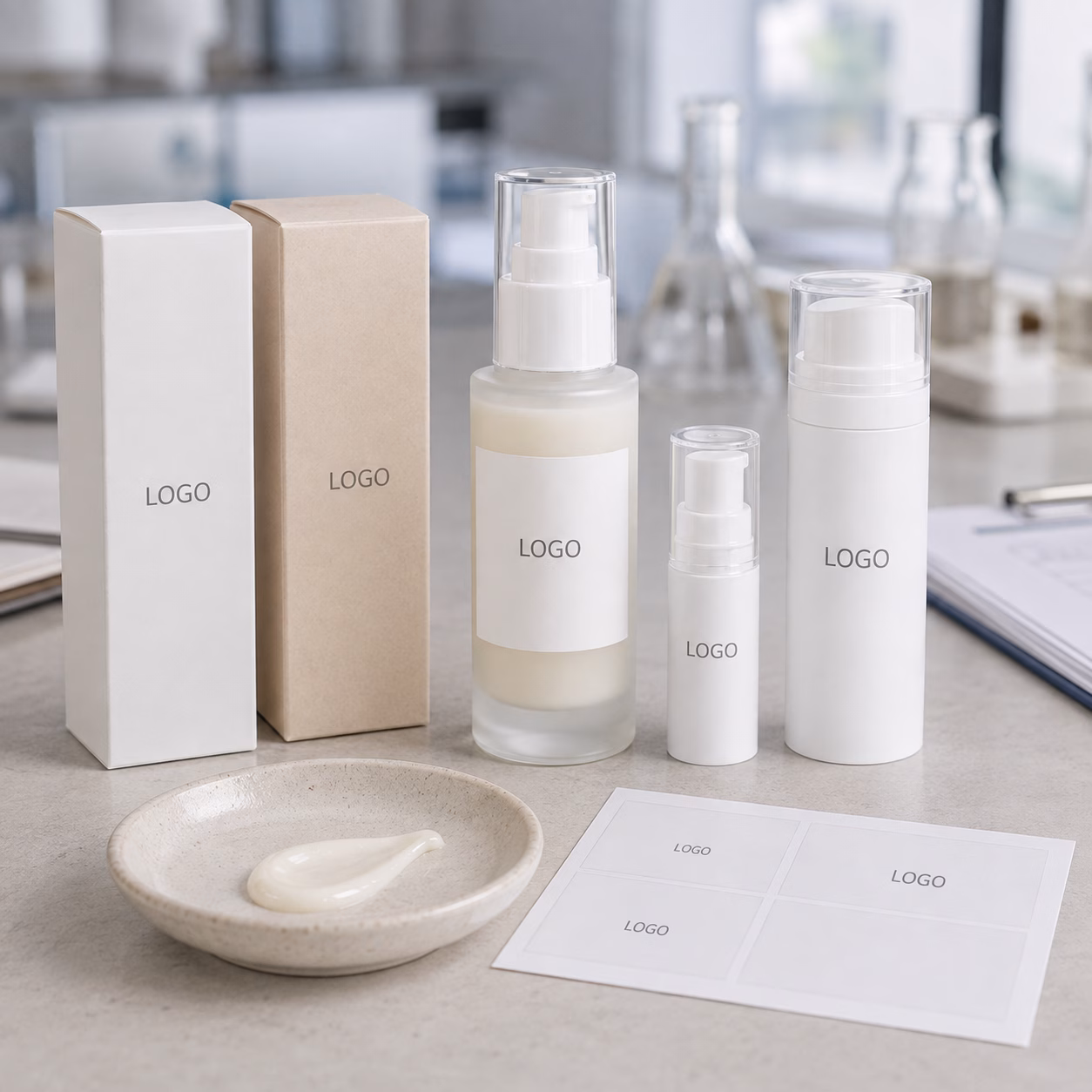 AI illustration of full-size and 15 mL travel airless pump samples, blank cartons, and label proofs for ceramide milky serum packaging review