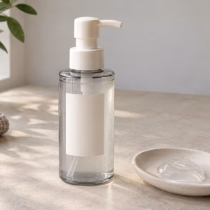 AI development illustration of a blank pump bottle and gel texture for a makeup cleansing gel concept