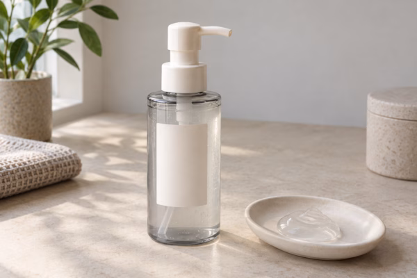 AI development illustration of a blank pump bottle and gel texture for a makeup cleansing gel concept