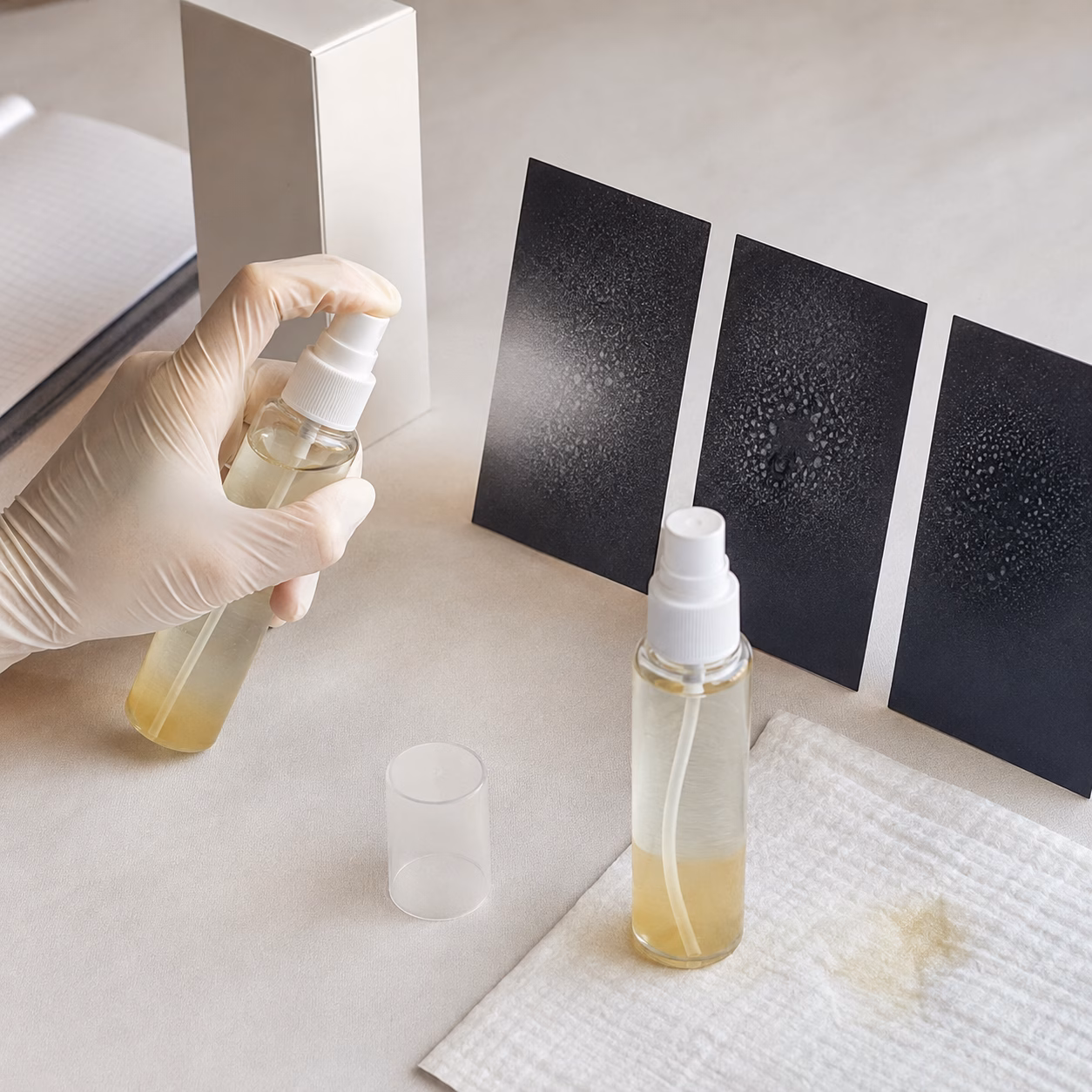 AI illustration of dual-phase facial mist spray-pattern cards, cap, and absorbent leak-check pad for sample review