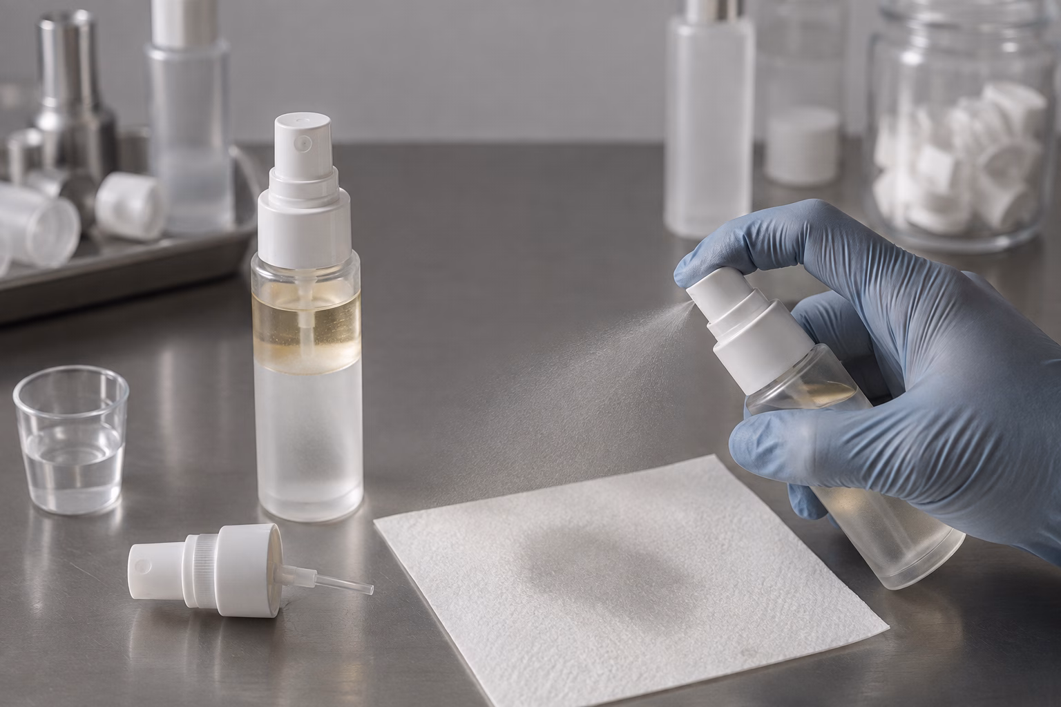 Unbranded dual-phase facial mist samples during mechanical fine-mist pump and spray-pattern review