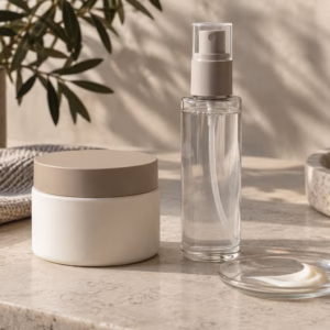 AI development illustration of a blank cream jar and clear facial mist bottle beside a small cream sample