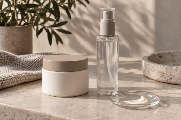 AI development illustration of a blank cream jar and clear facial mist bottle beside a small cream sample
