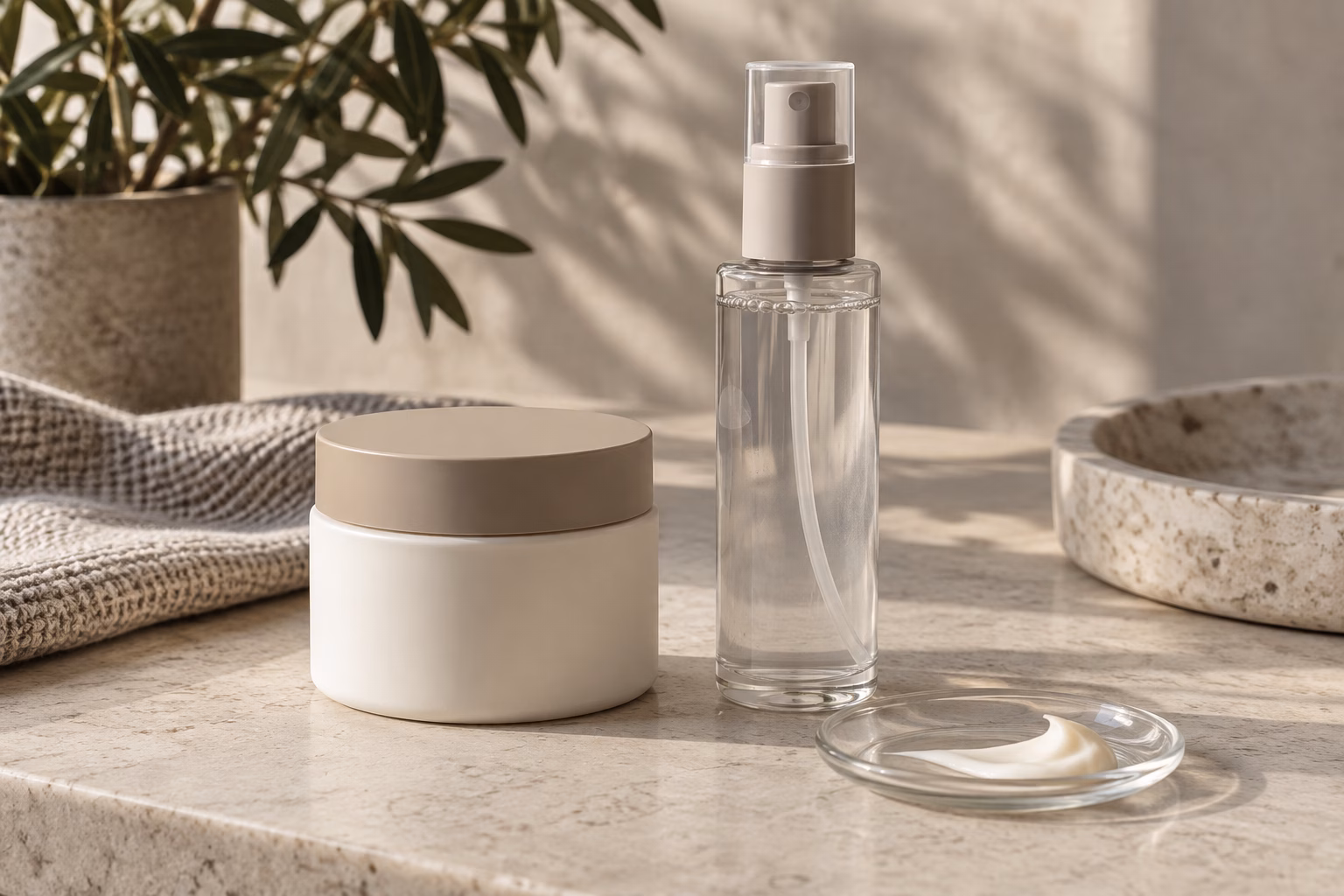 AI development illustration of a blank cream jar and clear facial mist bottle beside a small cream sample