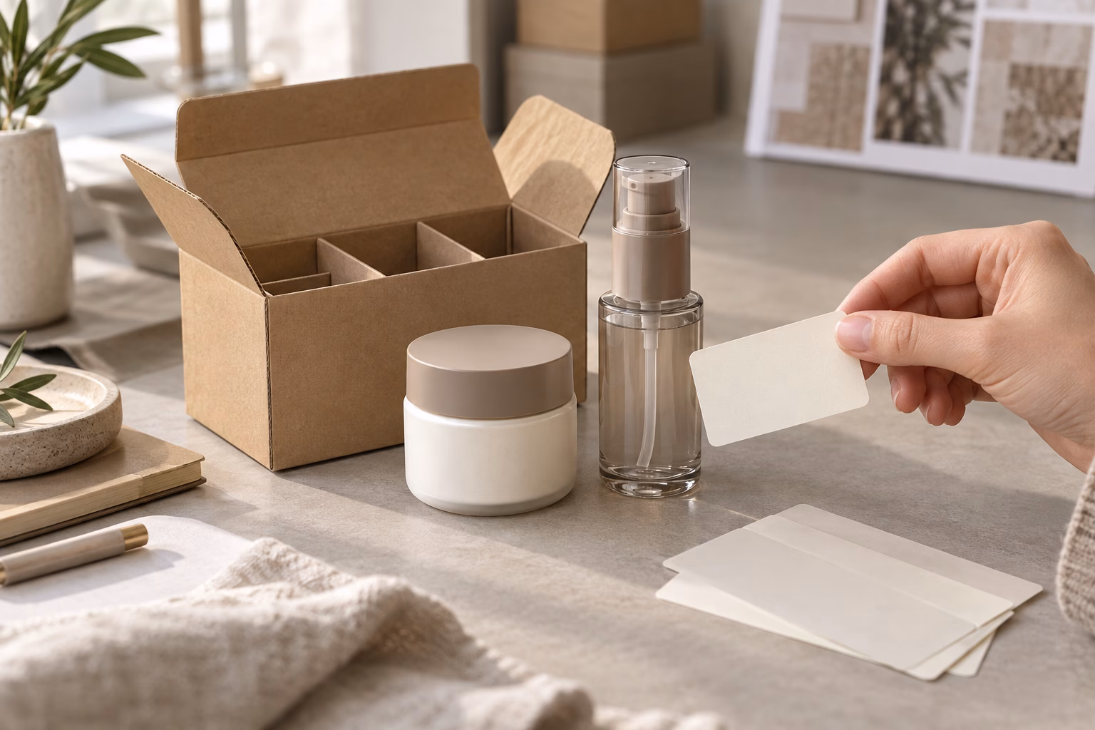 AI development illustration of a hand holding a blank label beside a cream jar, mist bottle and open divided kraft carton