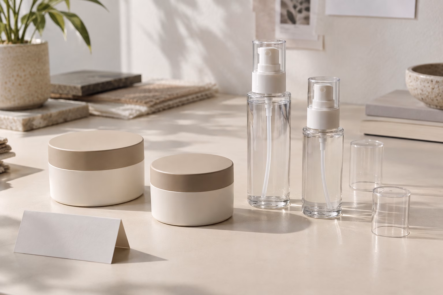AI development illustration of two cream jars and two clear facial mist bottles in different sizes with blank cards and separate caps