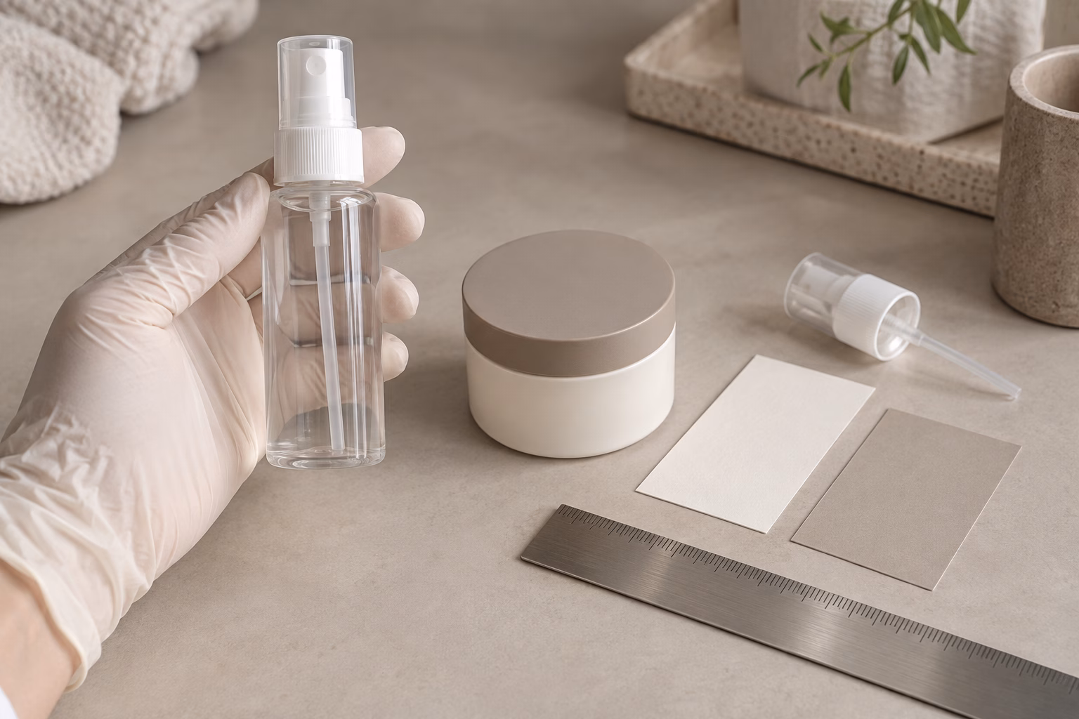AI development illustration of a gloved hand holding a plain mist bottle beside a cream jar, spare pump, cards and unnumbered ruler