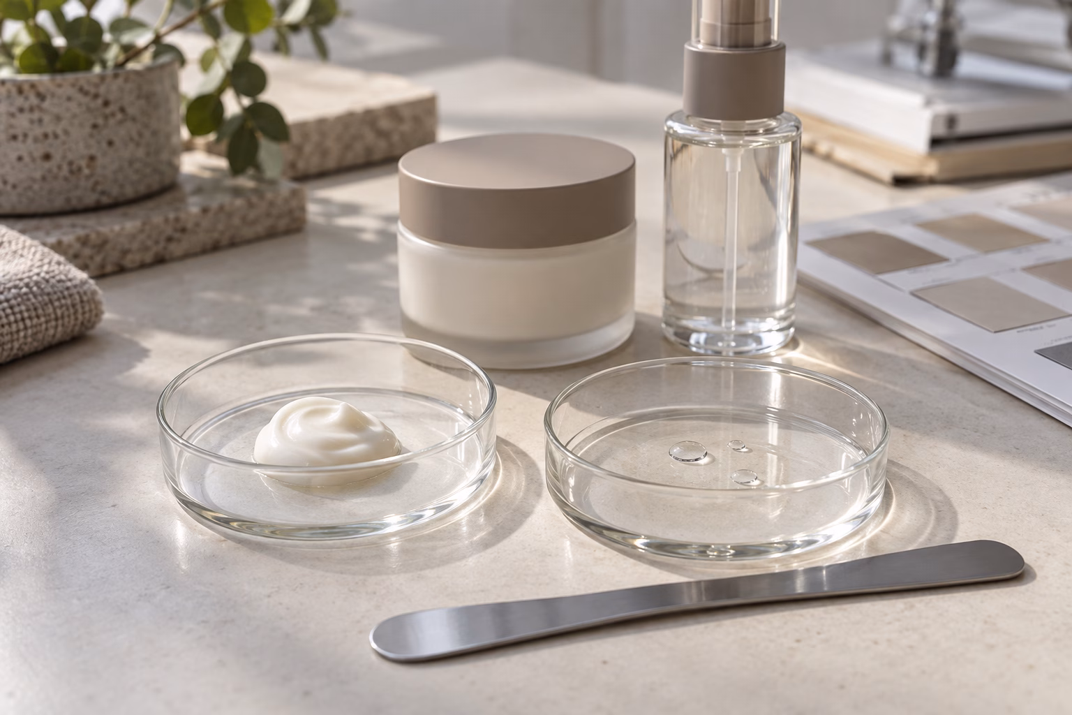 AI development illustration of separate cream and clear liquid samples in glass dishes beside a spatula and neutral jar and mist bottle