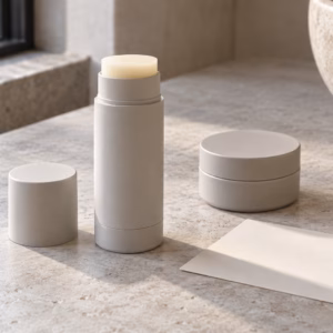 AI development illustration of an unbranded face and neck moisturizing balm stick on a sample-planning table