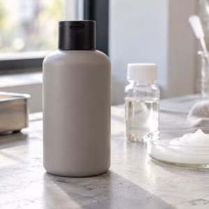AI development illustration of a blank neutral shampoo bottle beside a clear sample vial and pearly texture dish