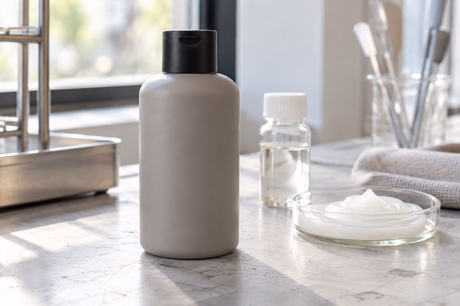 AI development illustration of a blank neutral shampoo bottle beside a clear sample vial and pearly texture dish