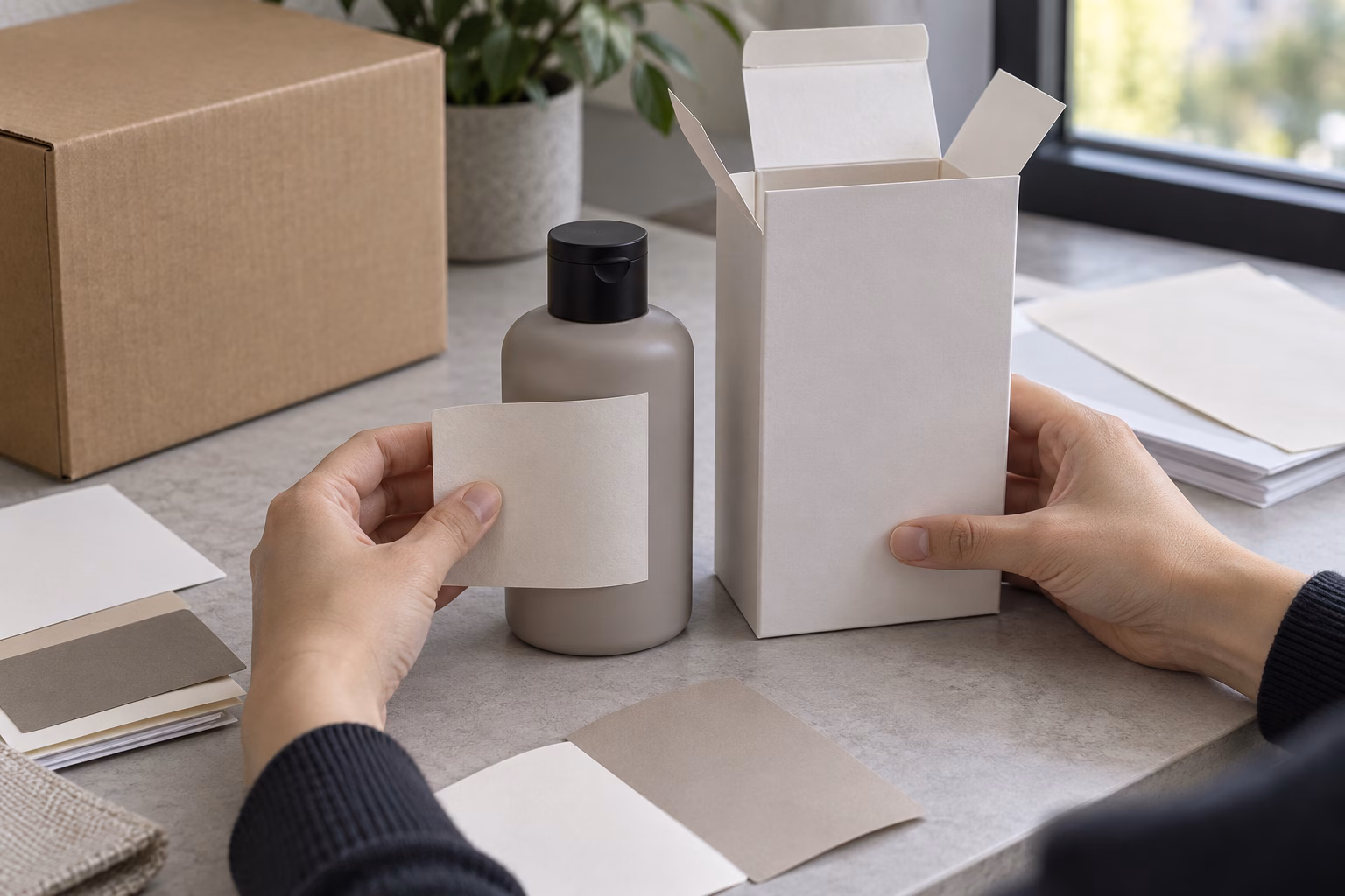 AI development illustration of hands comparing a blank label, plain shampoo bottle and open carton