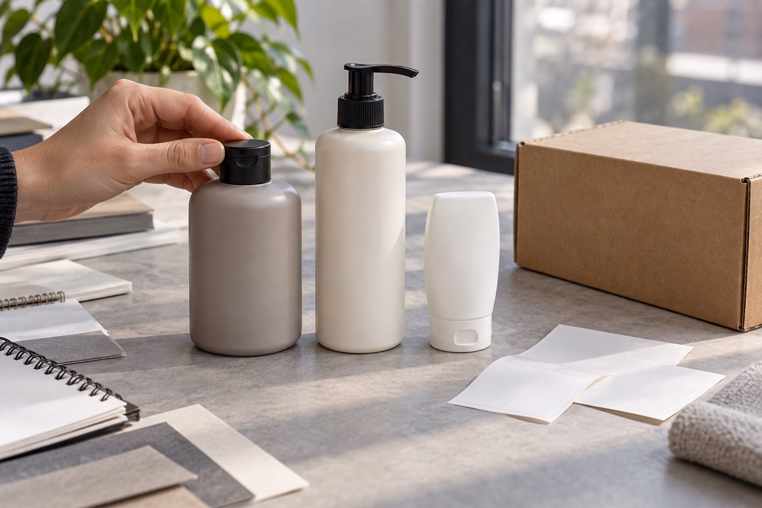 AI development illustration of three blank hair-care packaging options and a hand comparing a flip-top closure