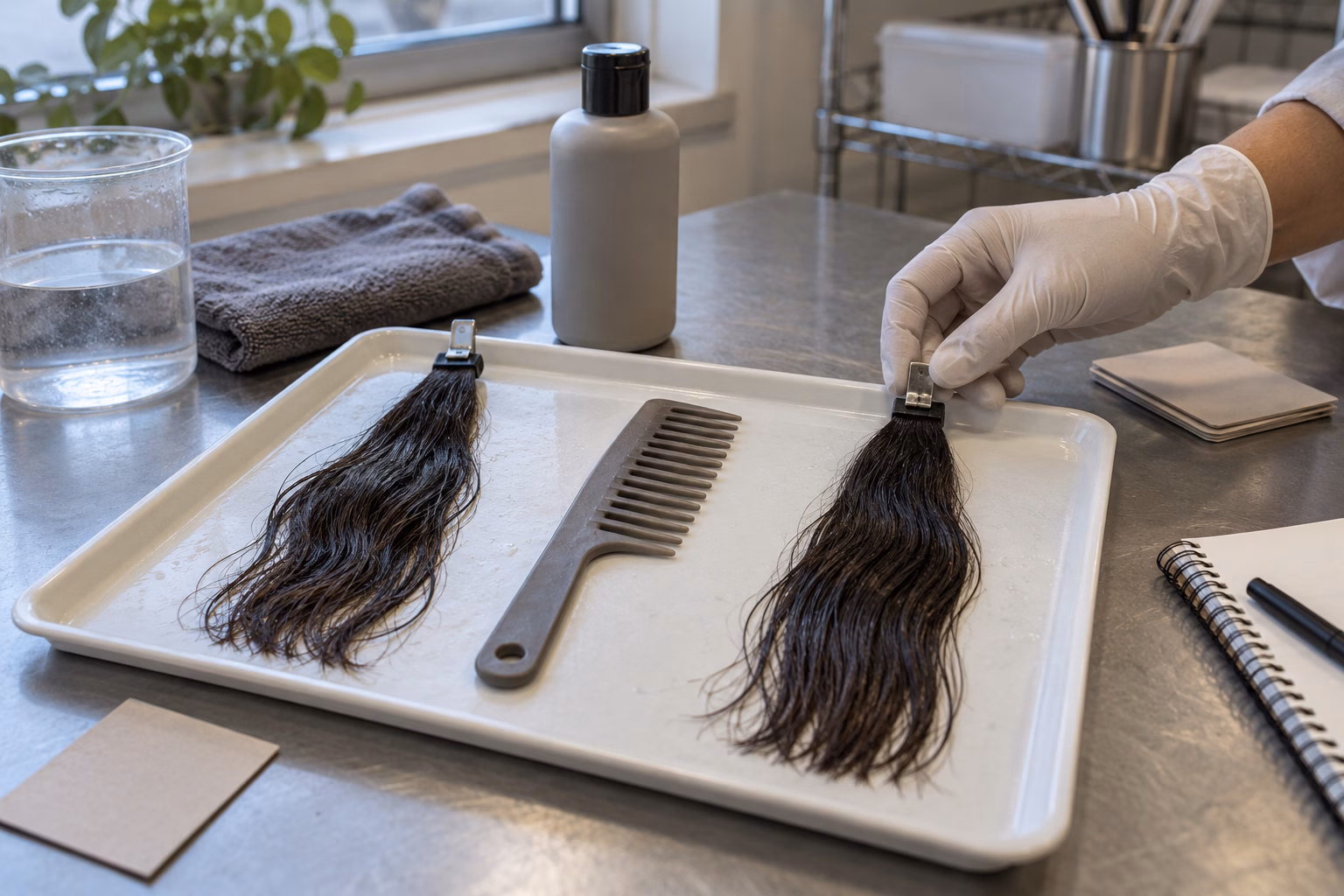 AI development illustration of a gloved hand arranging hair sample tresses and a comb for planned rinse-feel review
