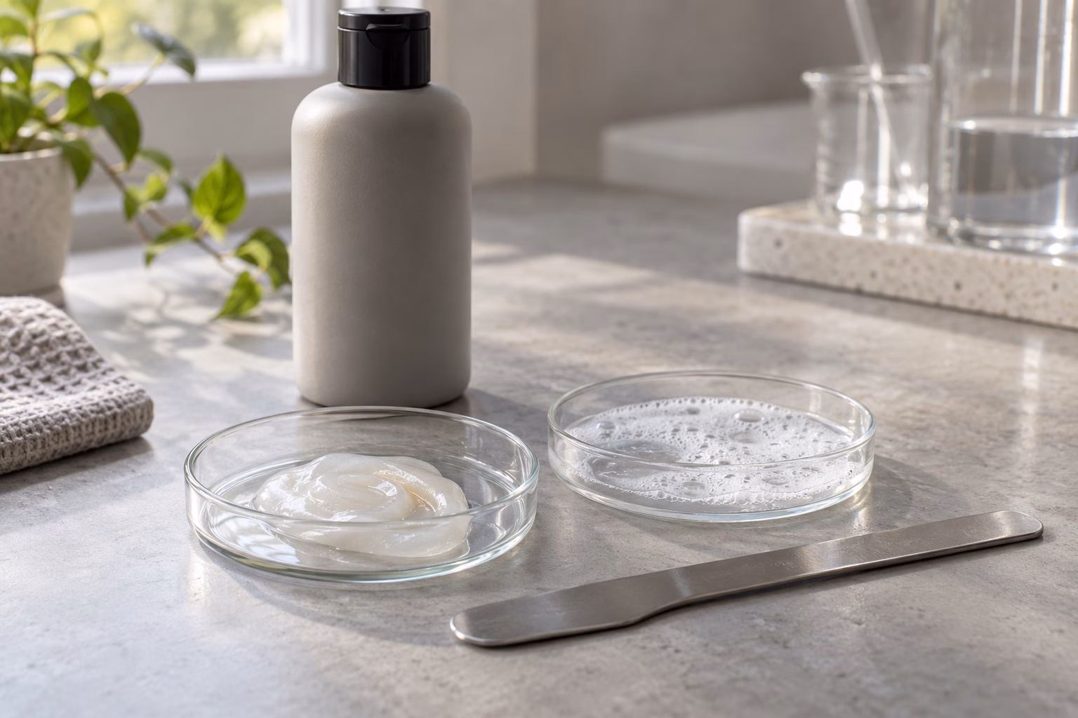 AI development illustration of pearly and lightly foamed sample appearances in separate glass dishes beside a plain bottle