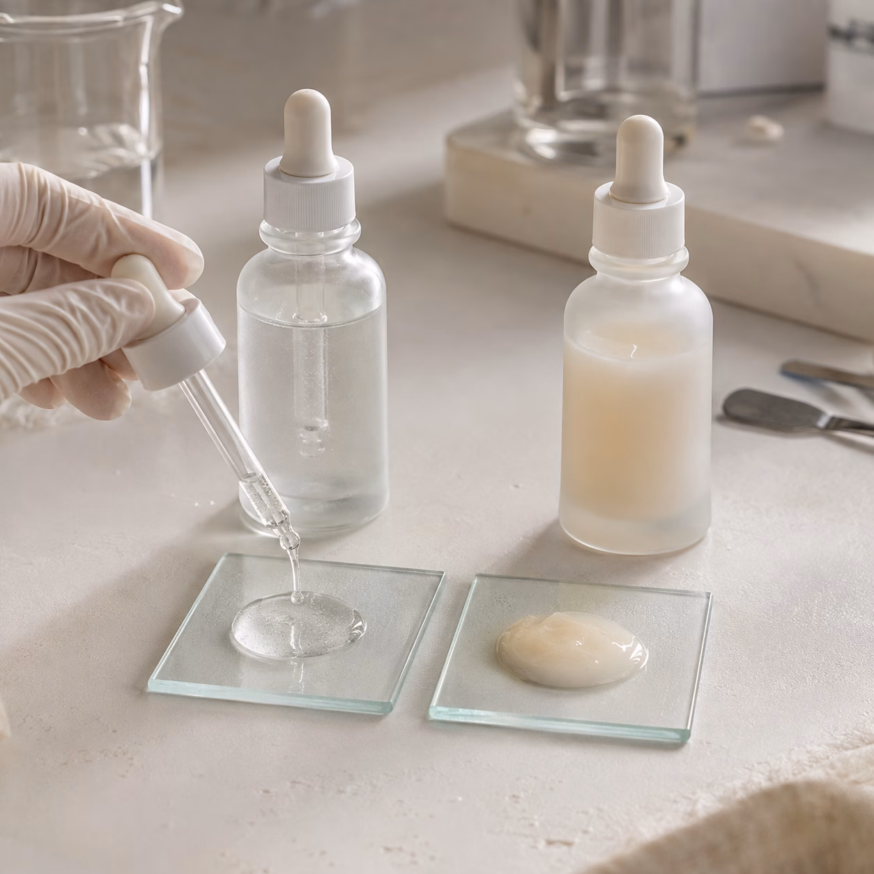 AI development illustration comparing clear and milky hydrating serum textures in unbranded dropper samples
