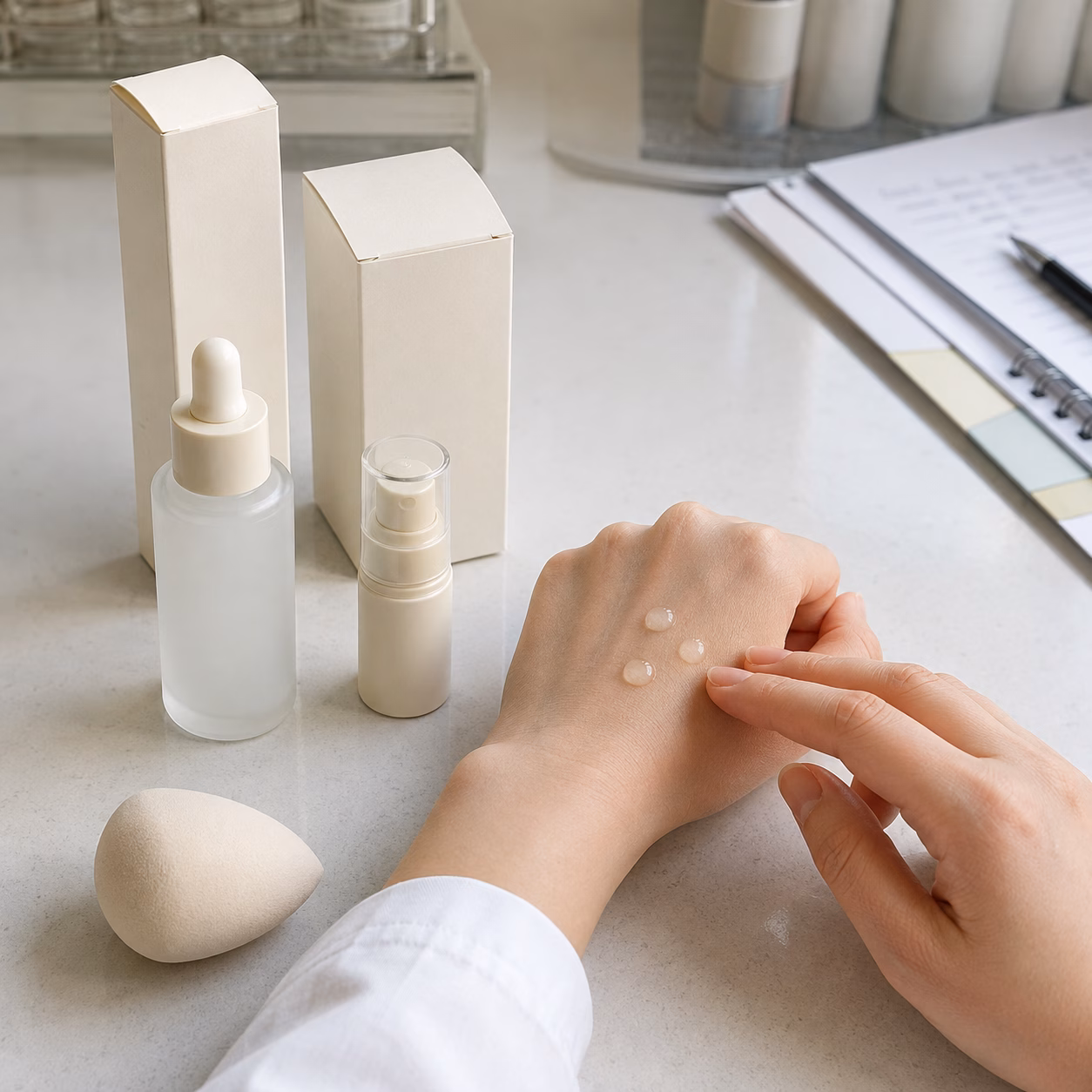 AI development illustration of a 30 mL dropper, 15 mL pump, blank cartons, and three-drop pre-makeup layering review