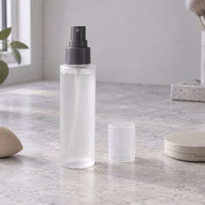 AI development illustration of a blank frosted pump bottle, neutral compact and sponge for a makeup setting mist concept