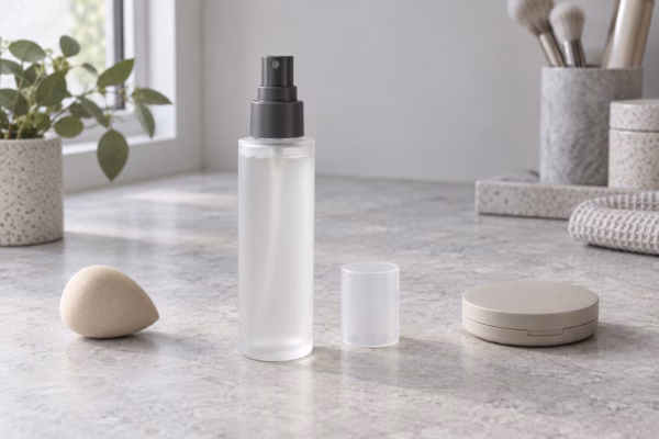 AI development illustration of a blank frosted pump bottle, neutral compact and sponge for a makeup setting mist concept
