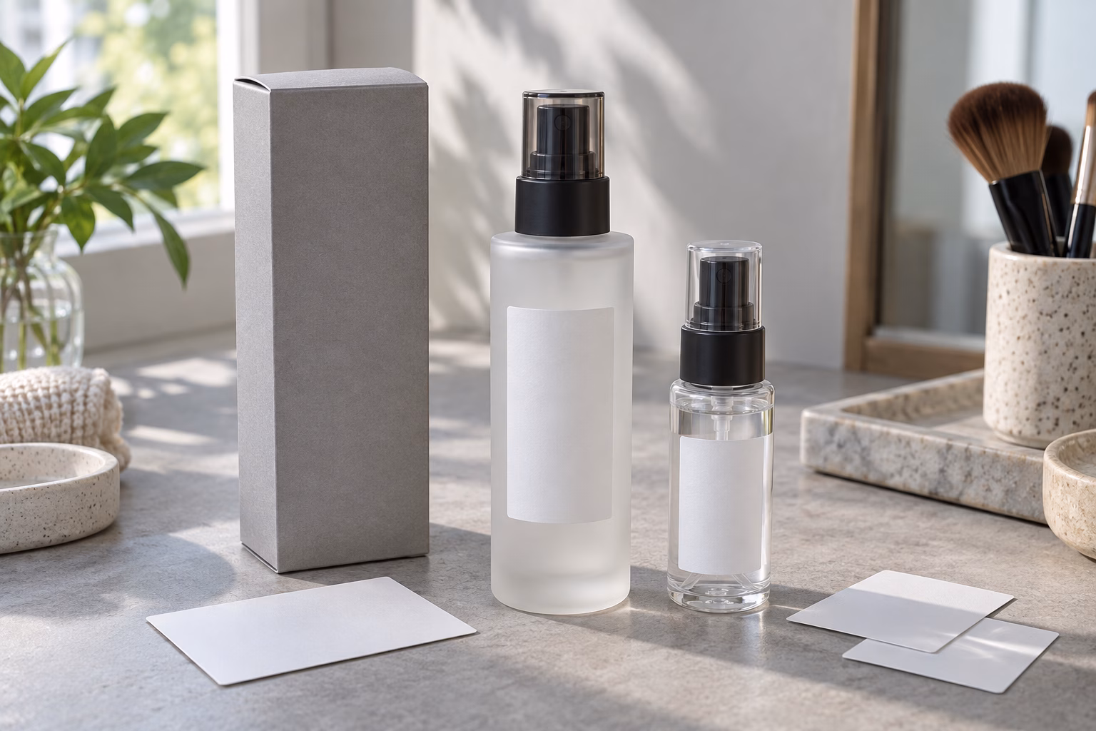 AI development illustration of separate full-size and small mist bottles with a plain carton and blank label samples
