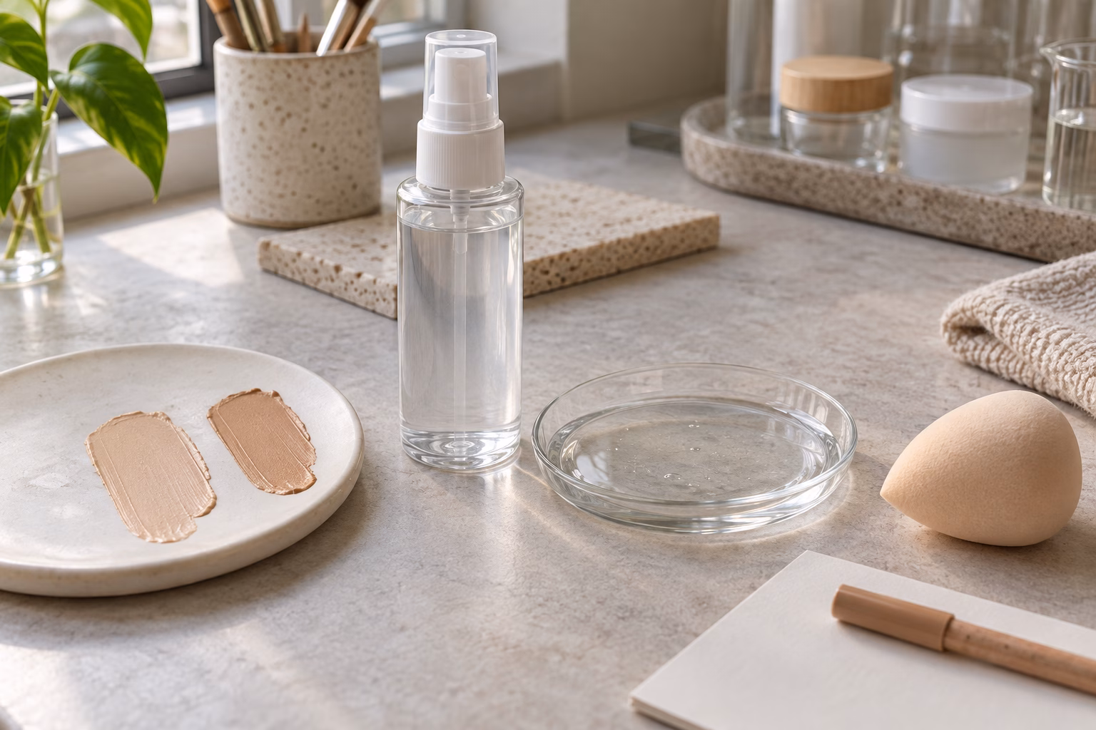 AI development illustration of a clear liquid sample and separate cosmetic pigment swatches for makeup compatibility planning