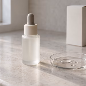 AI development illustration of a blank frosted serum dropper bottle beside clear liquid beads in a glass dish