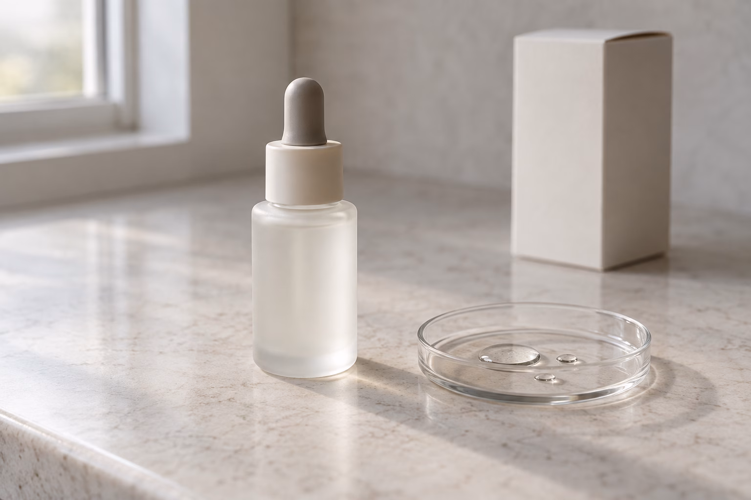 AI development illustration of a blank frosted serum dropper bottle beside clear liquid beads in a glass dish