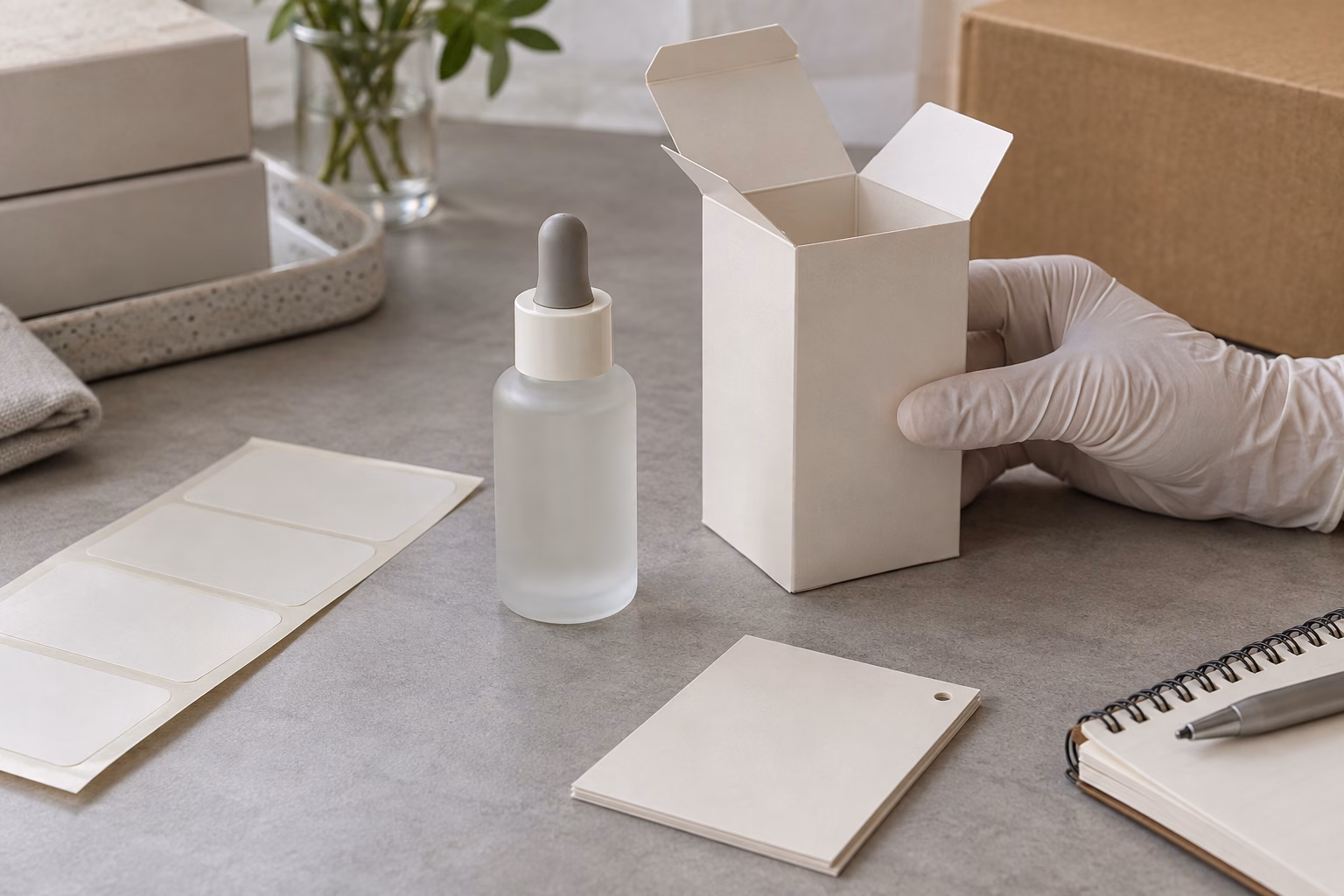 AI development illustration of a gloved hand holding an open blank carton beside a frosted serum bottle, labels and blank cards
