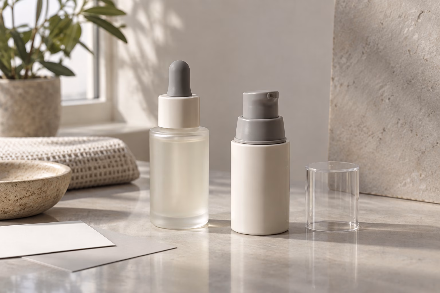 AI development illustration of separate frosted dropper and opaque pump serum bottles with a clear cap and blank cards