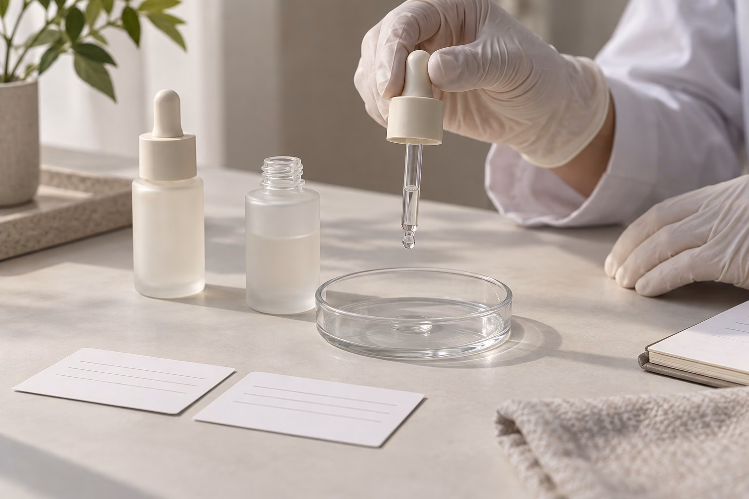 AI development illustration of gloved hands holding a dropper with a clear bead above a dish beside open and closed serum bottles